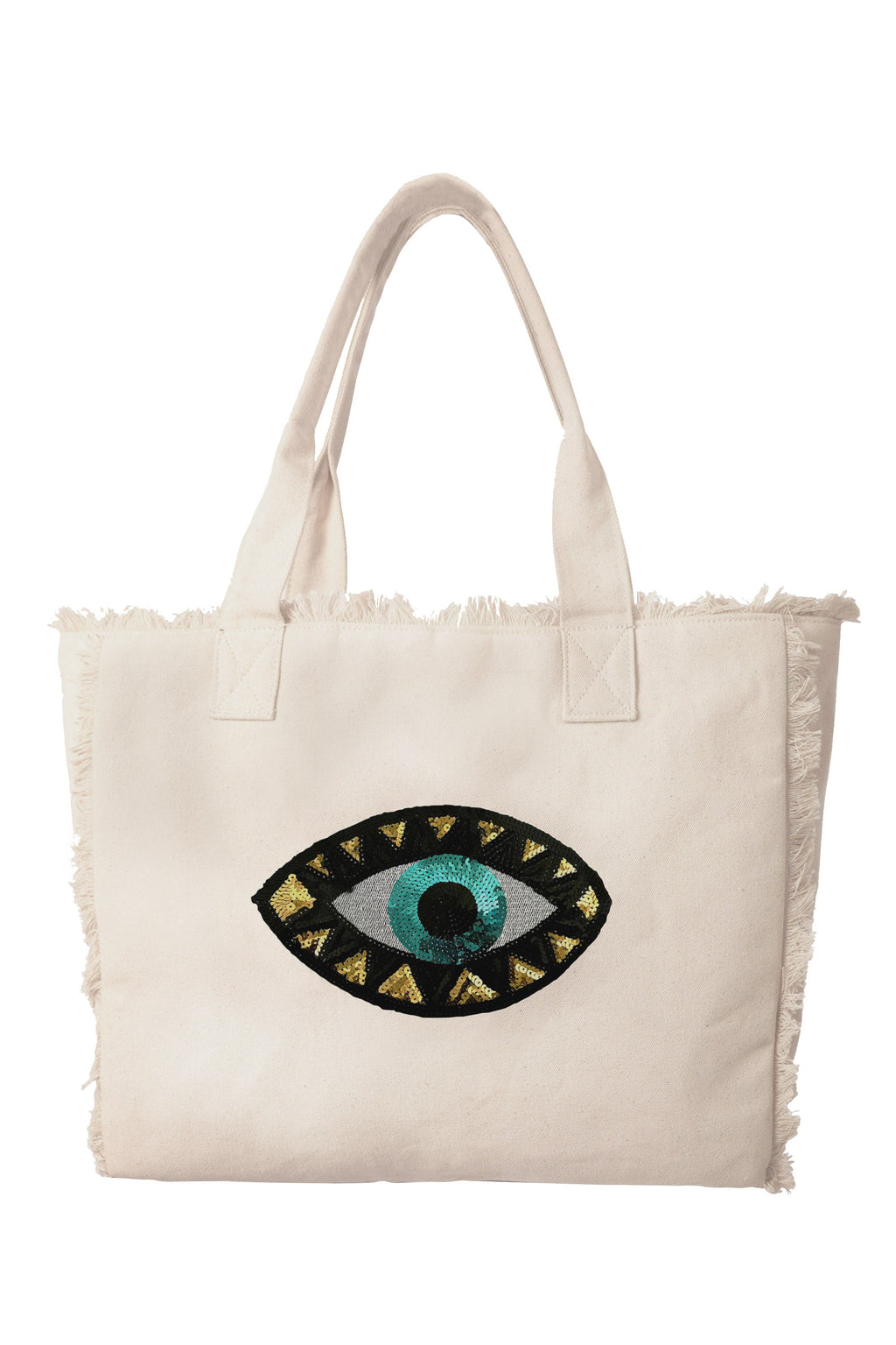 Evil Eye Fringe Tote Bag Natural