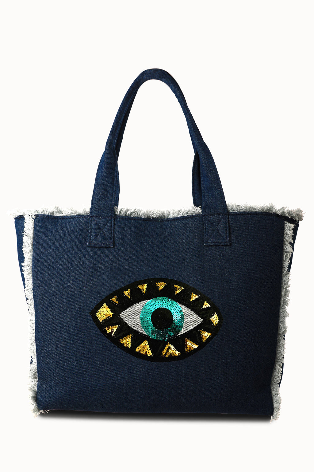 Evil Eye Fringe Tote Bag Denim