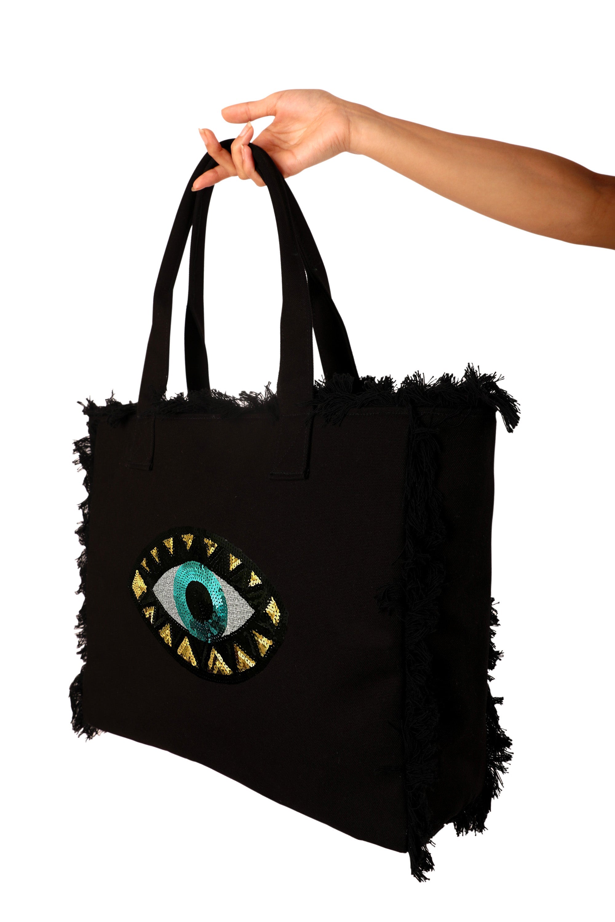 Evil Eye Fringe Tote Bag Black