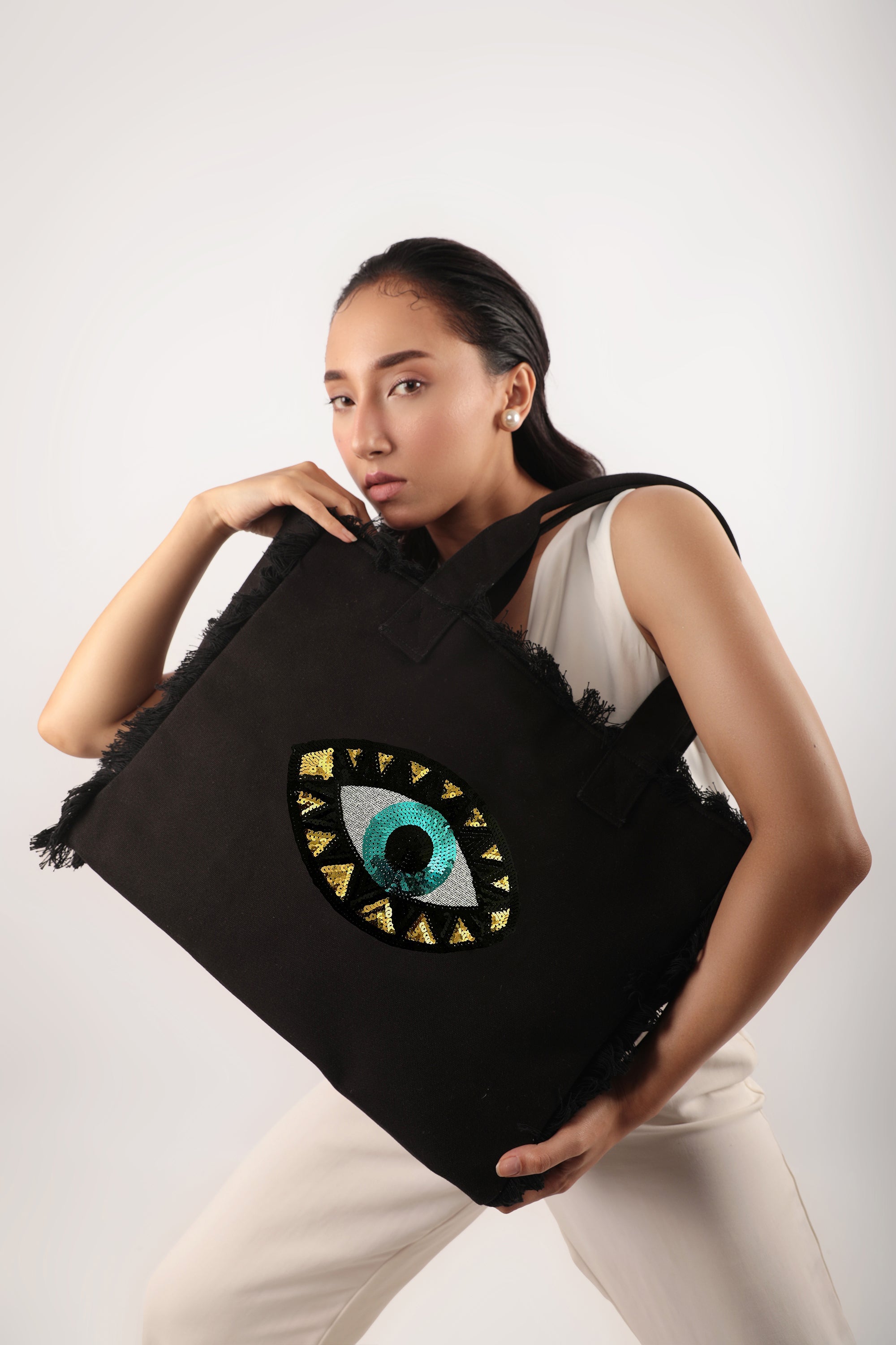 Evil Eye Fringe Tote Bag Black