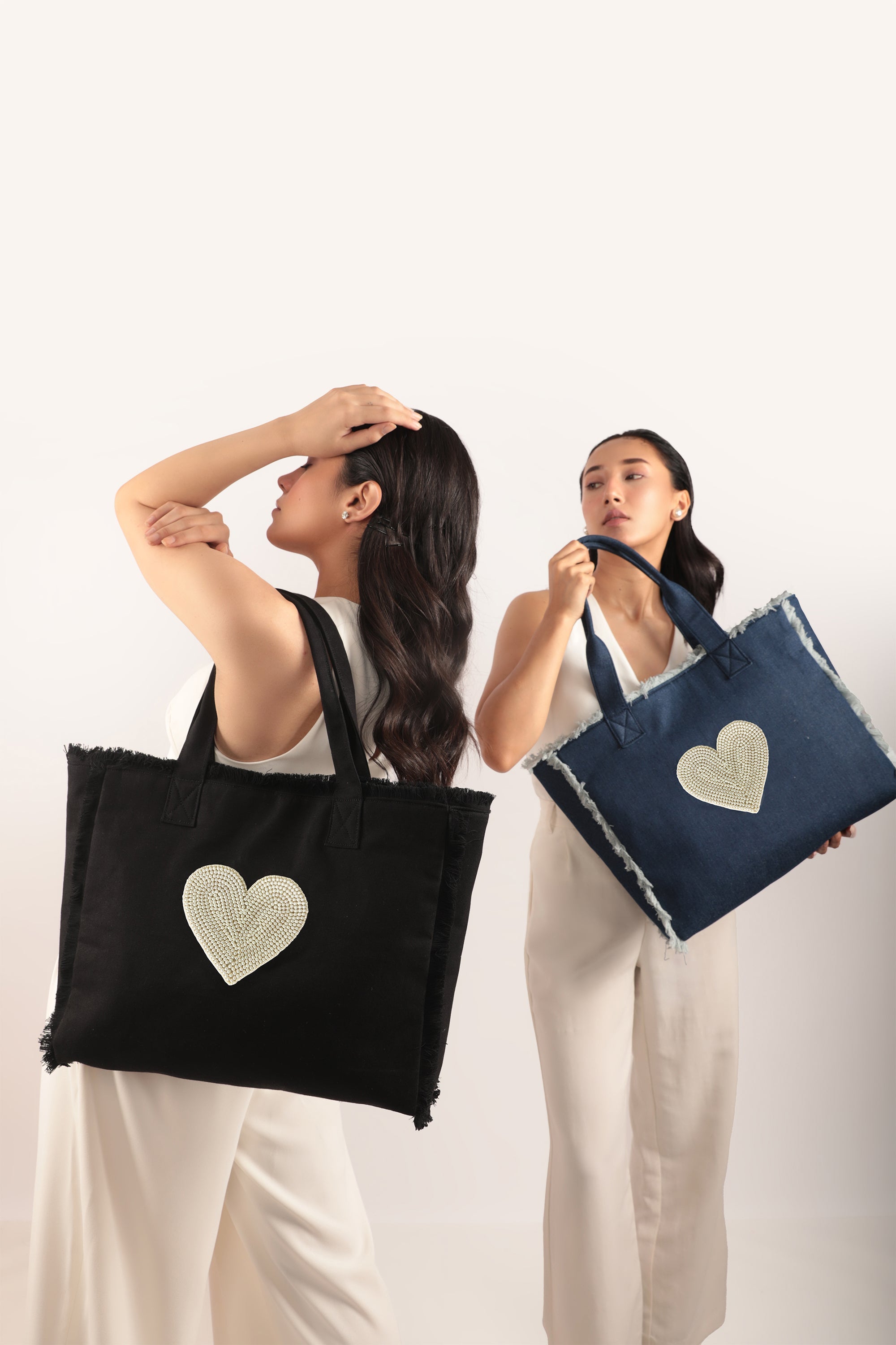 Amor Pearl Fringe Tote Bag Denim